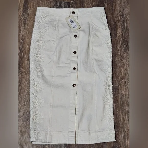 $465 Ramy Brook Women's LENNOX Denim & Lace Midi Skirt In Ivory Size 6 $395 HTF